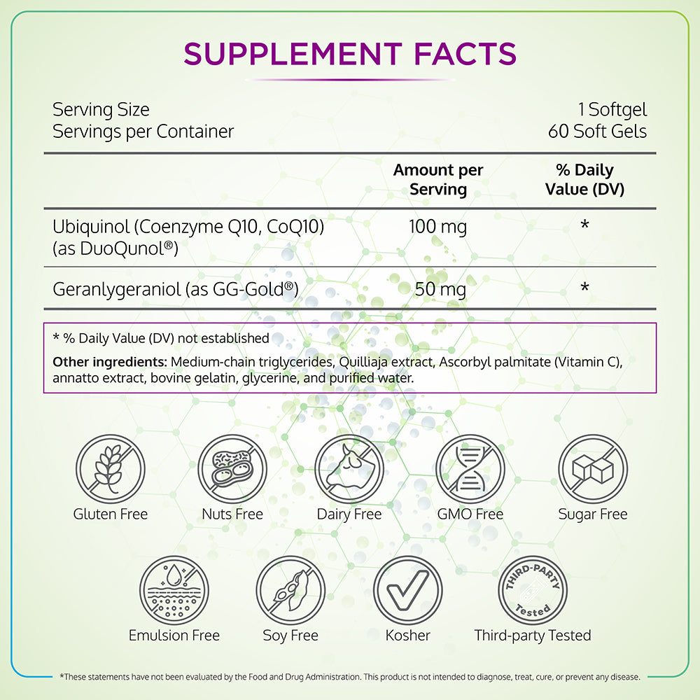 生物-库诺尔 |泛醇 （CoQ10） 补充剂含香叶基香叶醇 （GG） 和维生素 C |150毫克60软胶囊
