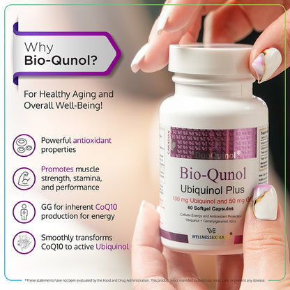 Bio-Qunol | Suplemento de ubiquinol (CoQ10) con geranilgeraniol (GG) y vitamina C | 150 mg 60 cápsulas blandas