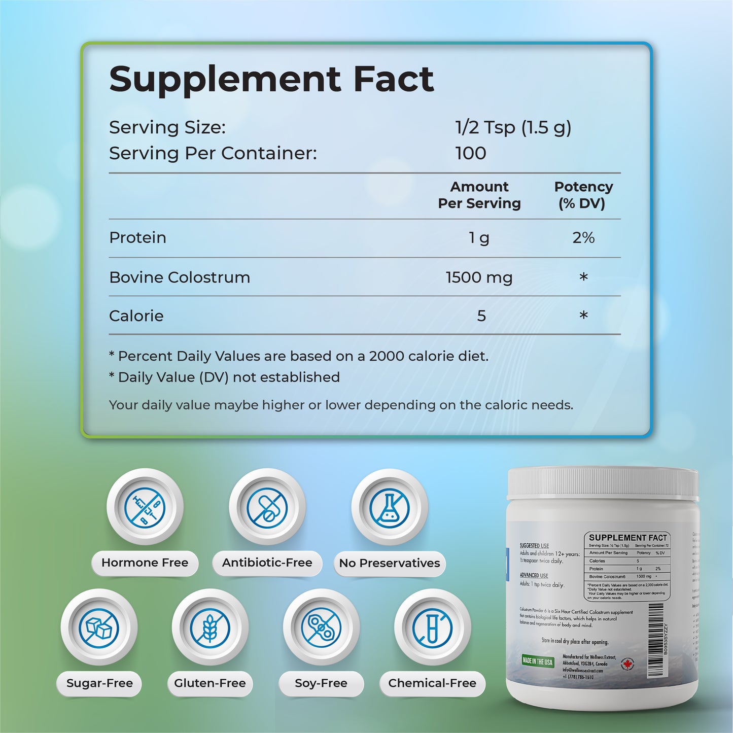 Bovine Colostrum Powder 150 g| Protein Lactoferrin Supplement | Hormone Free | True 6 Hour Extracted